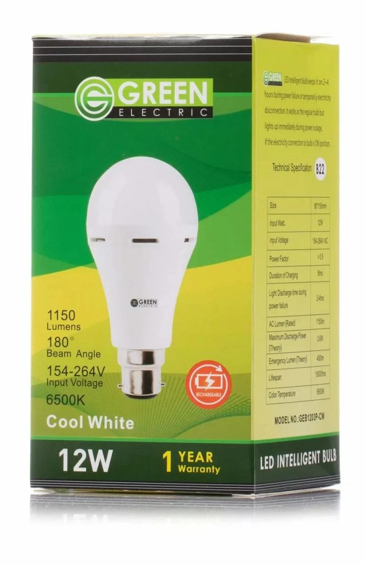 GREEN LED Rechargeable Emergency Light Bulb 12W Day White (Pin type-B22)